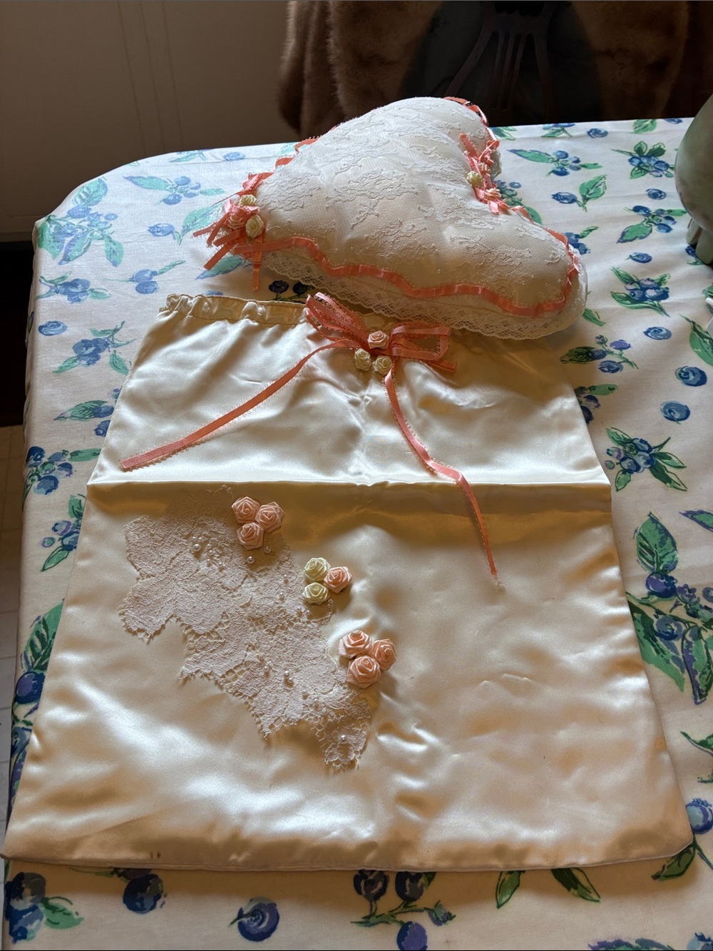 Silky Ivory Wedding Set with Peach-Pink and Ivory Ribbon & Rose Appliqués